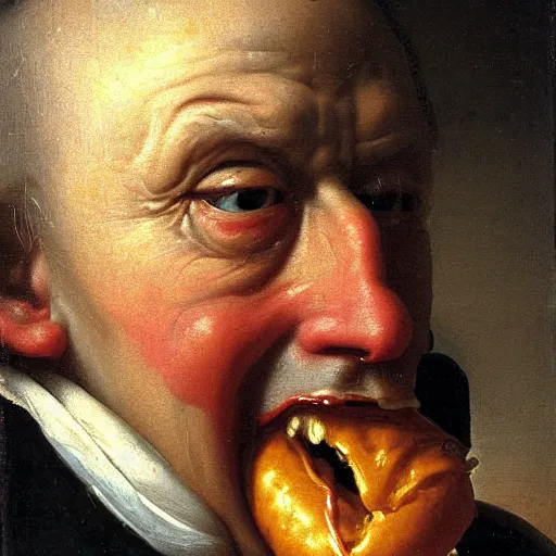 Prompt: realist close up portrait of an old king eating a greasy hamburger, oil on canvas, aged, focused, sharp, detailed, 8 k by joseph ducreux