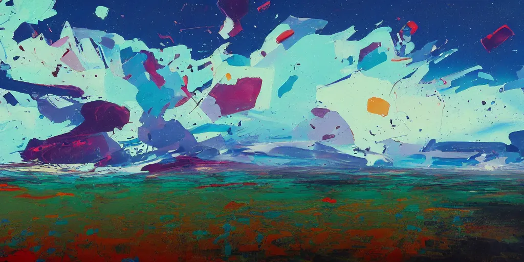 Prompt: abstract landscape painting at noon by james jean and David Schnell painted in no mans sky style