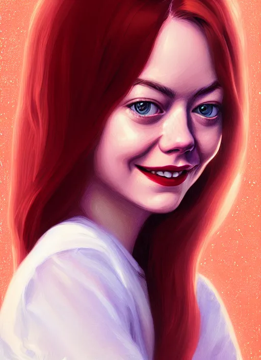 Image similar to portrait of teenage emma stone, long haircut, flowing ginger hair, white shirt, red tie, smiling kindly, 1 9 8 0 s, intricate, elegant, glowing lights, highly detailed, digital painting, artstation, concept art, smooth, sharp focus, illustration, art by wlop, mars ravelo and greg rutkowski