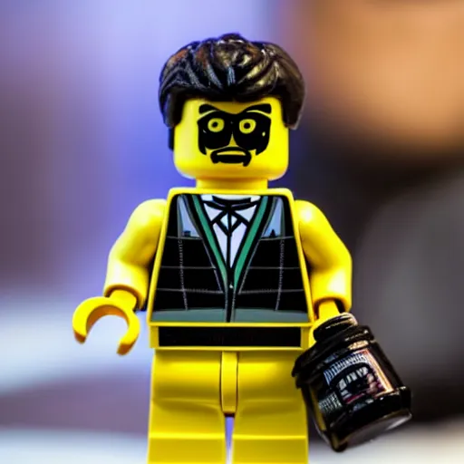 Image similar to photo of lego figure of men in black Adidas tracksuit holding a bottle