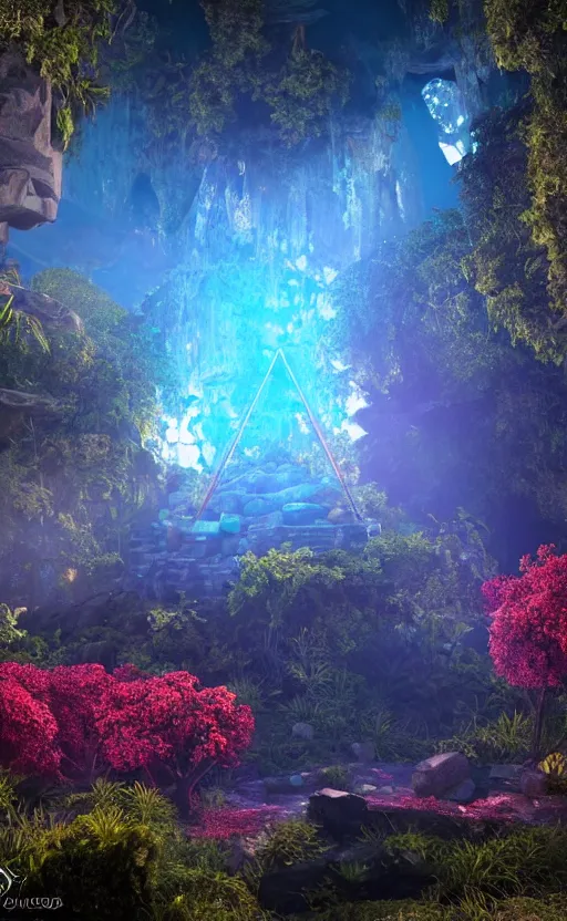 Prompt: a glowing blue crystal tetrahedron!!! in the middle of ancient ruins in a lush prehistoric jungle, inside a humongous cave, red and magenta flowers, sunset, godrays, orange and blue sky, haze, volumetric lighting, digital render, photorealistic, unreal engine 5, ultra detail, trending on artstation