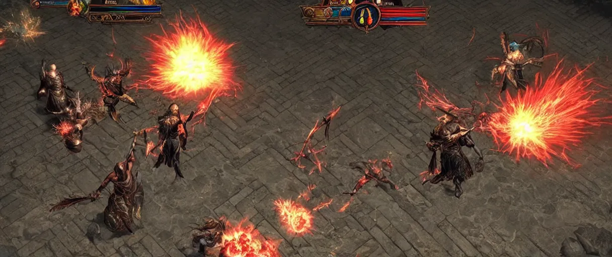 Image similar to path of exile, maven fight, resurrect in town