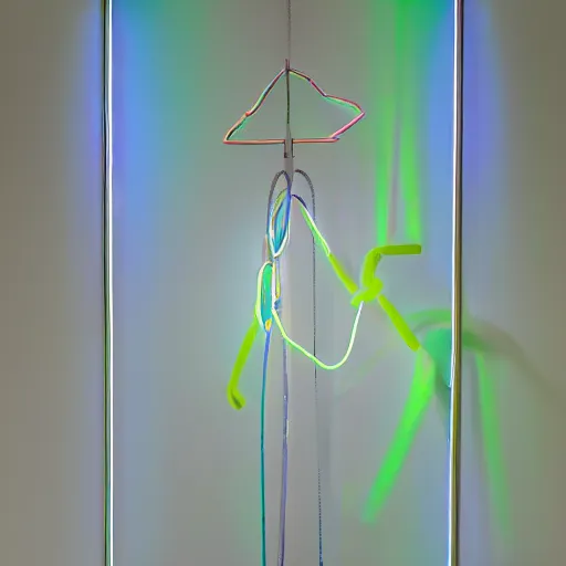Prompt: an ultra high definition professional studio quality photograph of a transparent iridescent perspex pastel coloured raincoat with neon yellow guide ropes on a coat hook in an empty white room. dramatic lighting, ray tracing, refraction, shallow d. o. f, colour corrected, golden ratio, three point light. volumetric shadows. light rays.