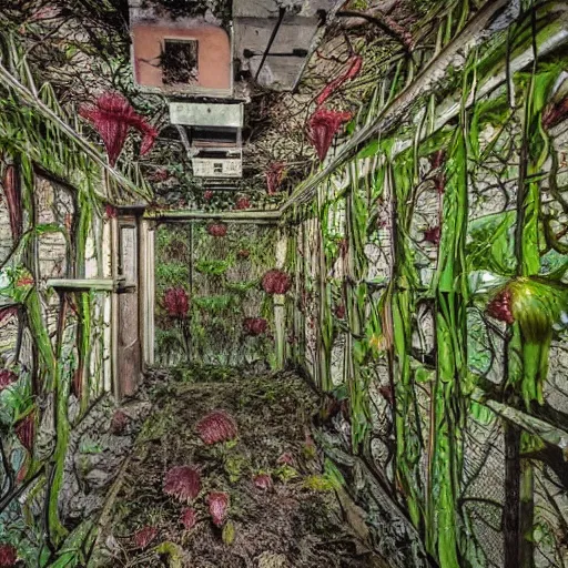 Image similar to abandoned, overgrown, underground bunker. giant mutated venus flytrap room.