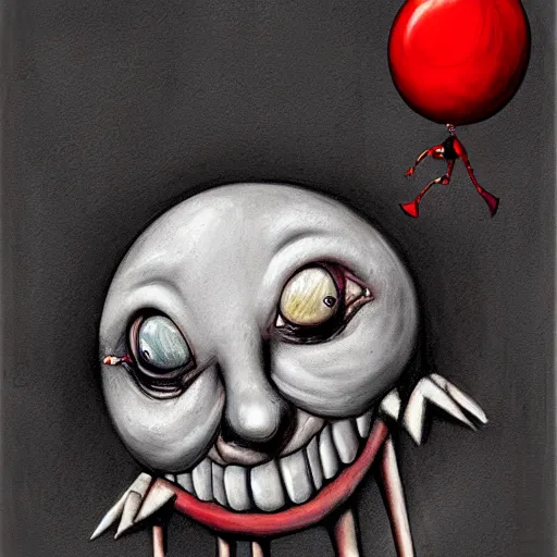 Image similar to surrealism grunge cartoon portrait sketch of a circular monster with a wide smile and a red balloon by - michael karcz, loony toons style, slender man style, horror theme, detailed, elegant, intricate