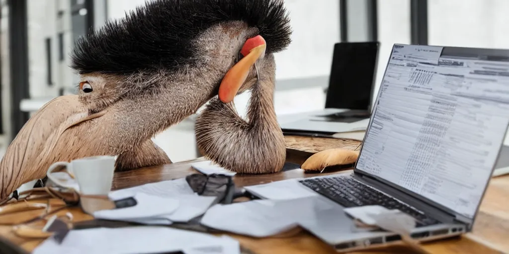 Prompt: a stressed ostrich doing taxes in front of a laptop, trending photo