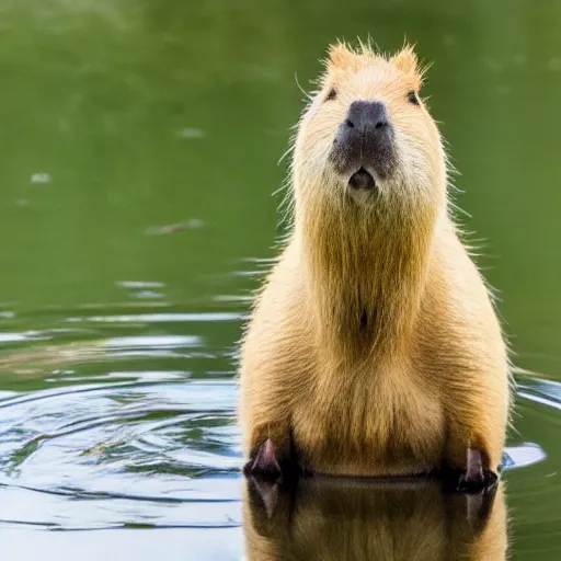 Prompt: capybara sitting in a pond, duckling on its head