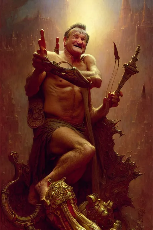 Image similar to robin williams the philosopher by gaston bussiere, bayard wu, greg rutkowski, giger, maxim verehin