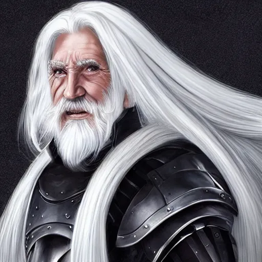 Image similar to an 8 0 year old man with long white hair and a white beard poses in his black armor and sword, art by artgerm