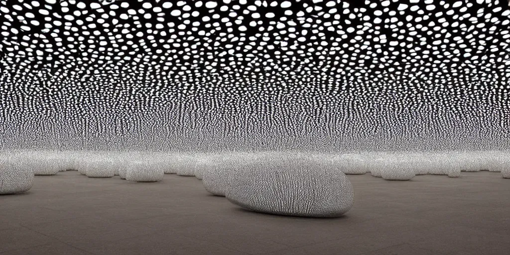 Prompt: Yayoi Kusama huge organic microorganisms lamps levitating on the ceiling no-gravity installation in white empty spacious space, maximum natural texture, white warm illumination, in low fog, 8k resolution, best color graded, vray beautiful, subsurface scatter, hyper-realistic render