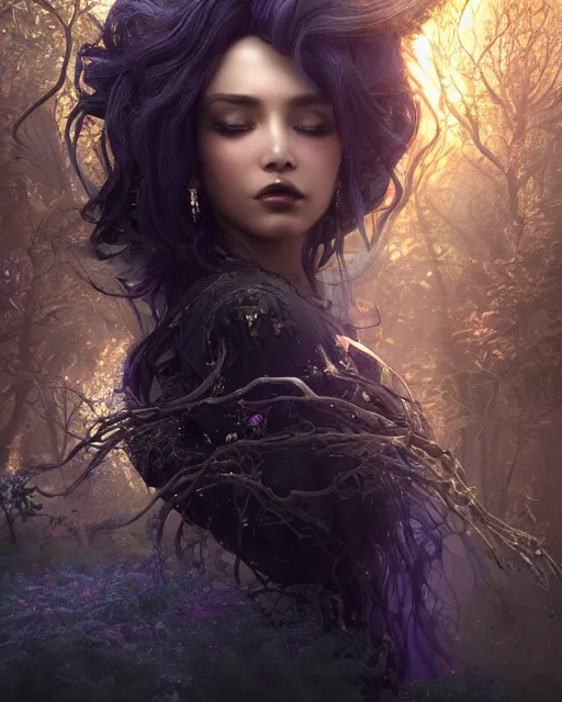 Image similar to beauteous sumptuous dark empress with incredible iridescent pearlescent voluminous hair, photorealistic crystalline masterpiece incrustations, hyperdetailed kind face, elegant pose, movie still, cinematic forest lighting, intricate accuracy, octane render, cgsociety, artgerm, unreal engine, crepuscular rays, god rays