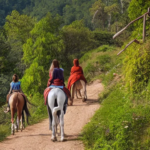 Image similar to women, riding man like a horse, on a small path in the hills