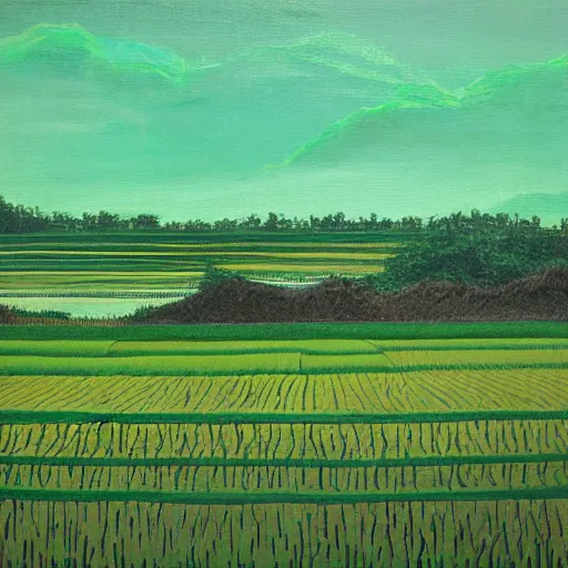 Image similar to abstract painting of a rice paddy, a man farming