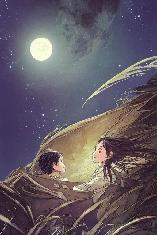 Image similar to a full moon containing the glimmering stairways to otherworldly galaxies, high intricate details, rule of thirds, golden ratio, cinematic light, anime style, graphic novel by fiona staples and dustin nguyen, by beaststars and orange, peter elson, alan bean, studio ghibli, makoto shinkai