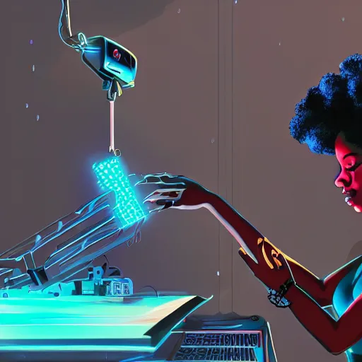 Image similar to a black girl fixing a robot, in the nature, mixing solarpunk, afropunk and cyberpunk technology and aesthetic ( ( ( ( volumetric light ) ) ) ), high angle, part by pearl fryar, part by prince damah, sunny day, trending on artstation, high detailed, cinematic view, illustration, painting.