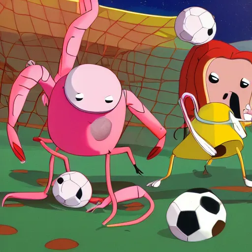 Image similar to a family of shrimp playing soccer, adventure time, 4k, cute,