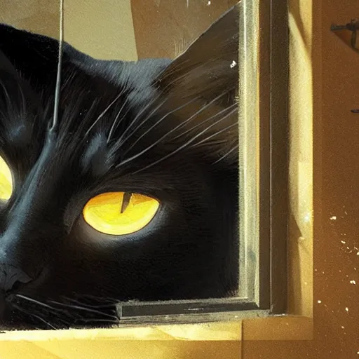 Prompt: a giant black cat with yellow eyes looking at a sleeping blonde girl througha window, Greg Rutkowski, detailed