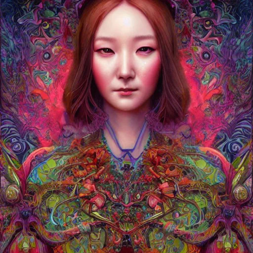 Image similar to portrait of park min young, hyper detailed masterpiece, neon floral pattern, jean giraud, digital art painting, darkwave goth aesthetic, psychedelic, artgerm, donato giancola and tom bagshaw