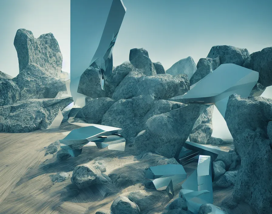 Image similar to transitions between flying rocks. minimalist architecture, zaha hadid, oscar niemeyer, architectural rendering. trending on artstation. vogue magazine. halo. octane rendering, cinematic, hyperrealism, bokeh. iridescent accents. teal gold and blue color scheme