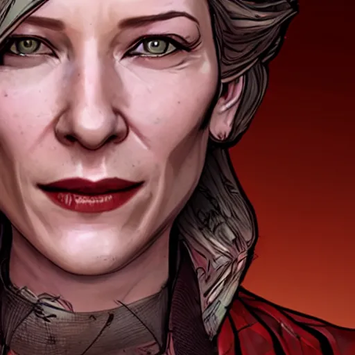 Image similar to cate blanchett portrait, borderlands, tales from the borderlands, the wolf among us, comic, cinematic lighting, studio quality, 8 k