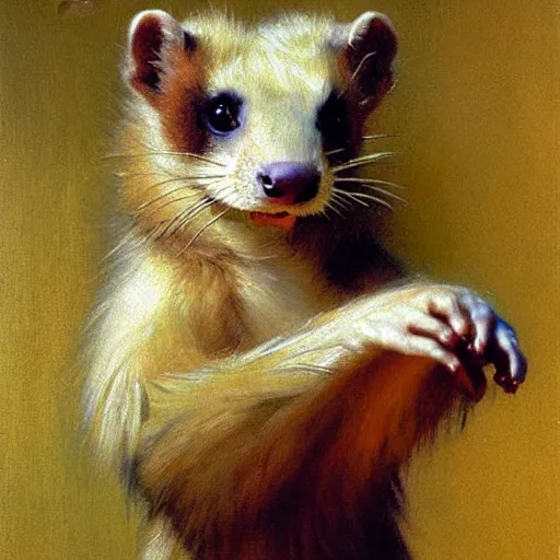 Prompt: a portrait of a furry ferret wearing clothes, hairy, furry body, furry arms, feet, tail. highly detailed painting by gaston bussiere, craig mullins, j. c. leyendecker, furry