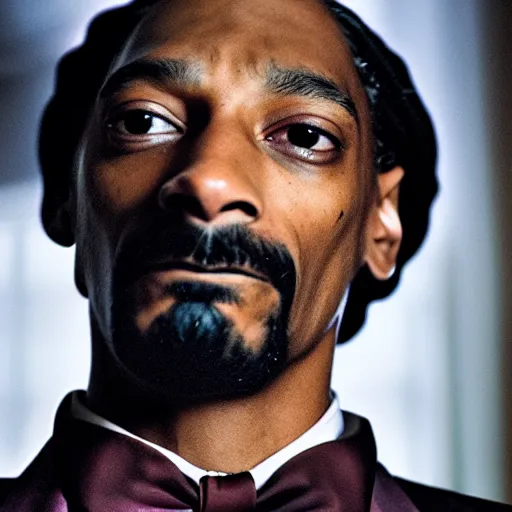 Image similar to a film still of Snoop Dogg starring as The Joker, 40mm lens, shallow depth of field, split lighting, cinematic