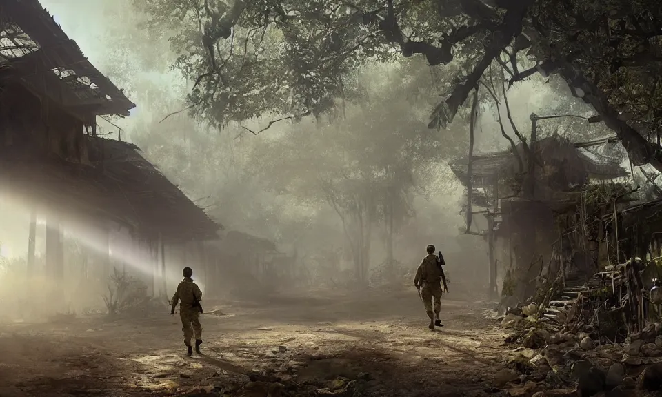 Image similar to Futuristic matte painting of a US soldier in the Vietnam War walking through an abandoned Vietcong village, volumetric light scattering, highly detailed, digital art, Andreas Rocha, Greg Rutkowski, Darek Zabrocki, ArtStation, CGSociety, Unreal Engine, 4K, 8K