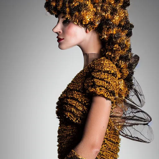 Image similar to a beautiful dress made of a bee hive, on a mannequin. high resolution, studio lighting
