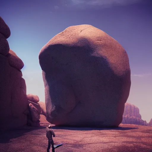 Image similar to a man standing in front of a giant rock, a matte painting by mike winkelmann, cgsociety, fantasy art, matte painting, matte drawing, cryengine