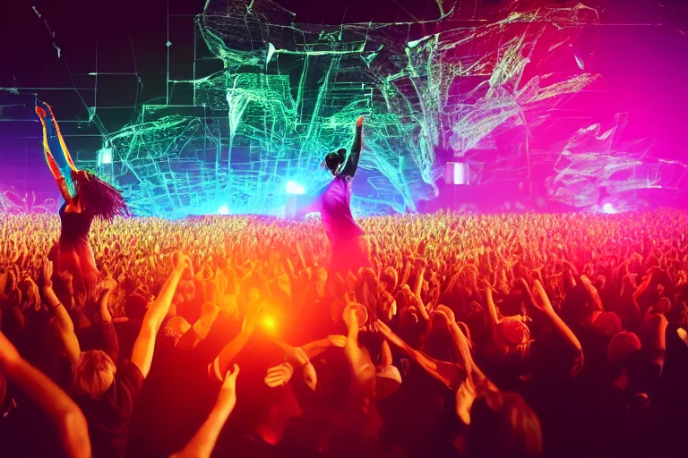 Prompt: crowd partying with their hands up at a festival, silhouette, laser show, digital art, trending on artstation, 4k, unreal engine, intricate, ornate