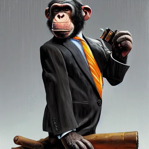 Image similar to a chimp wearing a suit smoking a cigar, dramatic lighting, cinematic, establishing shot, extremly high detail, photorealistic, cinematic lighting, artstation, style by James Gurney