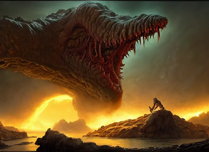 Prompt: giant monstrous aggressive slime creature screaming at the camera, cavescape with epic dramatic lighting, epic science fiction horror digital matte painting by Moebius and Mark Brooks (and Greg Rutkowski), extremely detailed, artstation
