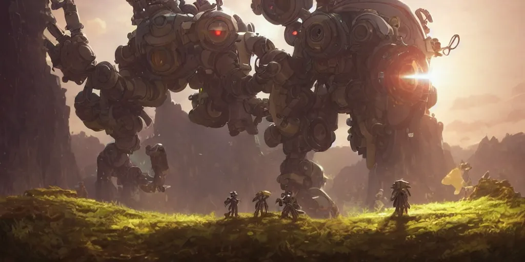 Image similar to robot mech from made in abyss by akihito tsukushi, backlight, centered rim lighting, deep focus, d & d, fantasy, intricate, elegant, highly detailed, digital painting, artstation, concept art, matte, sharp focus, illustration, hearthstone, art by artgerm and greg rutkowski and alphonse mucha