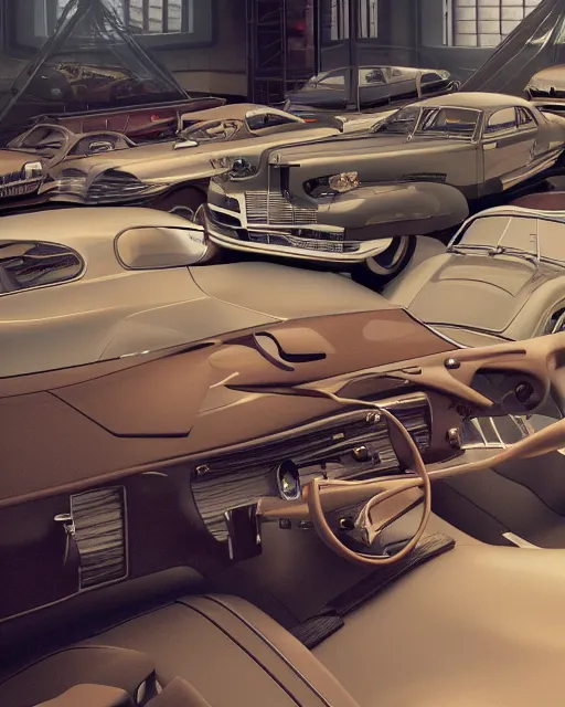 Prompt: interior of vast car show with luxury cars of 1940s, volumetric lighting, 1940s palette, hyper realism, high detail, octane render, high contrast , 8k