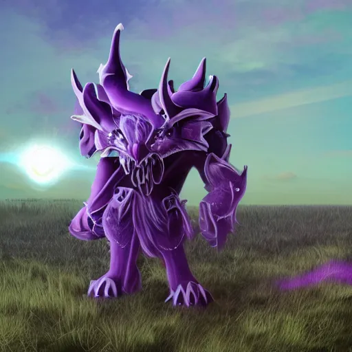 Prompt: a purple fantasy beast with sharp armour all over its body with light instead of eyes towering over a grass field with a moon