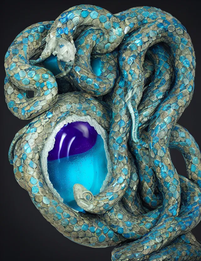 Prompt: a photo of a sculpture of snakes with wings made from blue and emerald and amethyst crystal geode formations encircling a marble egg on a base of obsidian made with liquid gold tendrils flowing by ellen jewett by stanisław szukalski, octane render, recursive, tendrils, elestial crystals, geode, refracted light