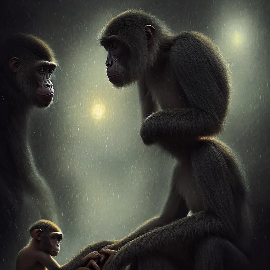 Image similar to epic professional digital art of 🐒🐒 atmospheric lighting, painted, intricate, detailed, foreboding, leesha hannigan, wayne haag, reyna rochin, ignacio fernandez rios, mark ryden, iris van herpen, best on artstation, cgsociety, wlop, pixiv, stunning, gorgeous, much wow, cinematic, masterpiece