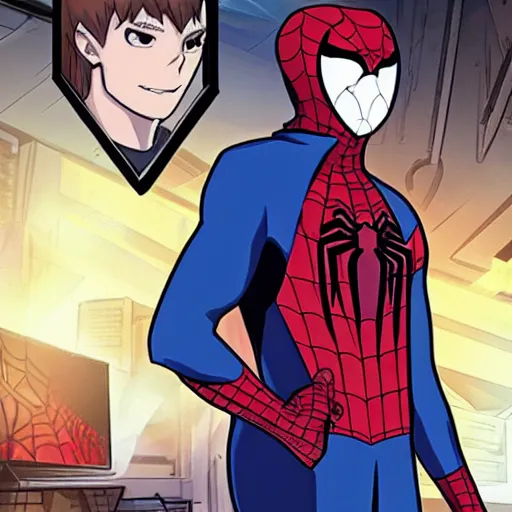 Prompt: peter parker with spider - man hoodie as a cryptocurrency trader in fate stay night anime style