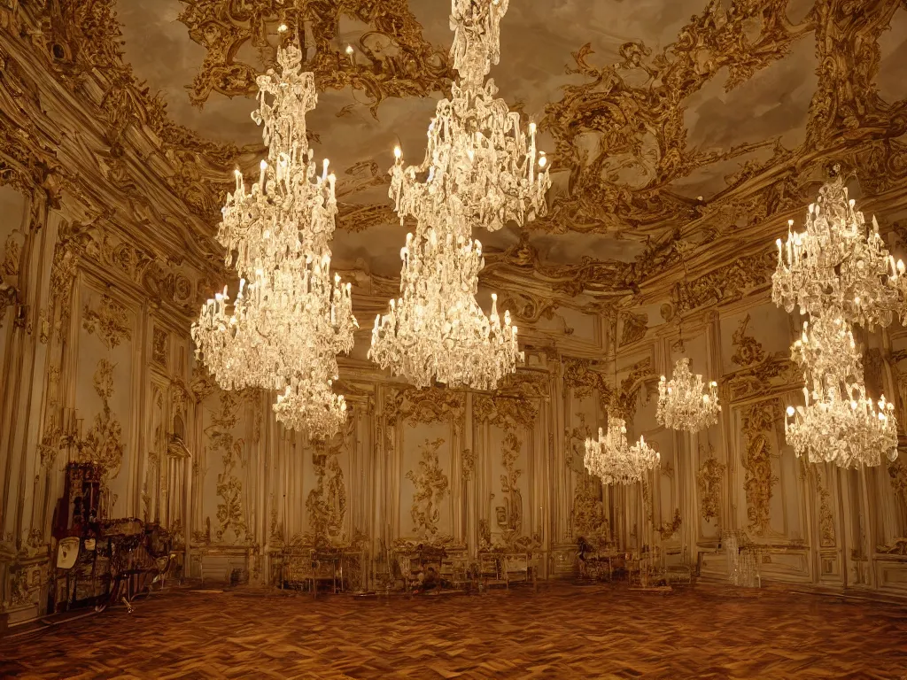 Prompt: A Baroque Ballroom as seen by Stanley Kubrick, 70mm