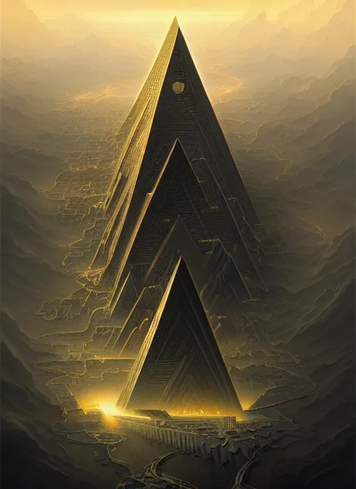 Prompt: massive black pyramid floating above los angeles, intricate, elegant, highly detailed, centered, digital painting, artstation, concept art, smooth, sharp focus, illustration, artgerm, tomasz alen kopera, peter mohrbacher, donato giancola, joseph christian leyendecker, wlop, boris vallejo