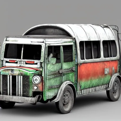 Prompt: Jeepney rendered on blank background, muted tones, high detail 3D rendering, Octane render, raytracing