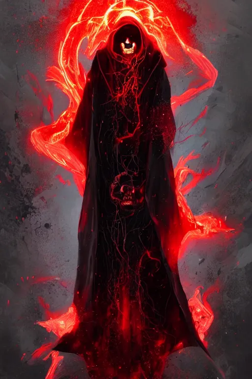 Image similar to A full body portrait of a mysterious character with a flaming skull with a very long hooded blood red and black cloak, tentacles coming out the ground art by Maciej Kuciara, and Cedric Peyravernay, ominous, cosmic horror, trending on artstation, Ultra detailed, hyper realistic 4k