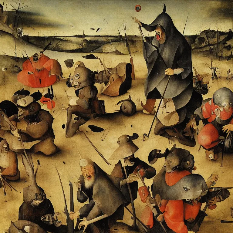 Image similar to The portrait of fish men and Grim Reaper who laughs and follow them, by Hieronymus Bosch and Pieter Bruegel inspired by Terry Pratchett, super detailed oil painting, hyper realistic faces, 4k, masterpiece