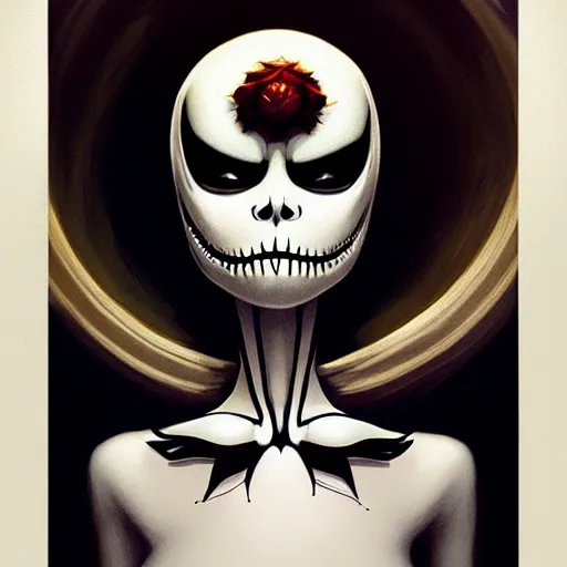 Image similar to symmetry!! beautifull portrait of jack skellington, intricate, elegant, highly detailed, my rendition, digital painting, artstation, concept art, smooth, sharp focus, illustration, art by artgerm and greg rutkowski and alphonse mucha