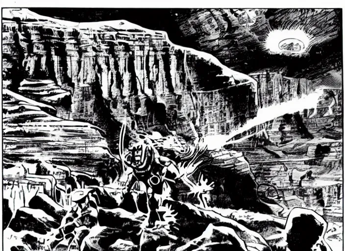 Prompt: comic book drawing of aliens building a base at the grand canyon by jack kirby!!! and gris grimly, cinematic, epic, awesome bright color palette, hard contrast, black ink outlines