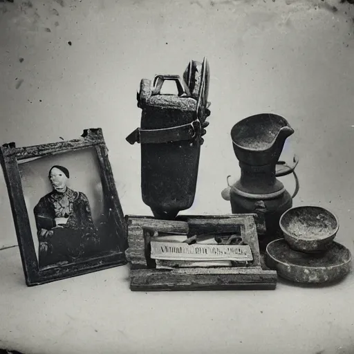 Image similar to Tintype photograph of objects displayed in an ethnographic museum, primitive display, anthropology of wonder, in the style of Marcel Duchamp, found objects, ready-made, 1920s studio lighting.