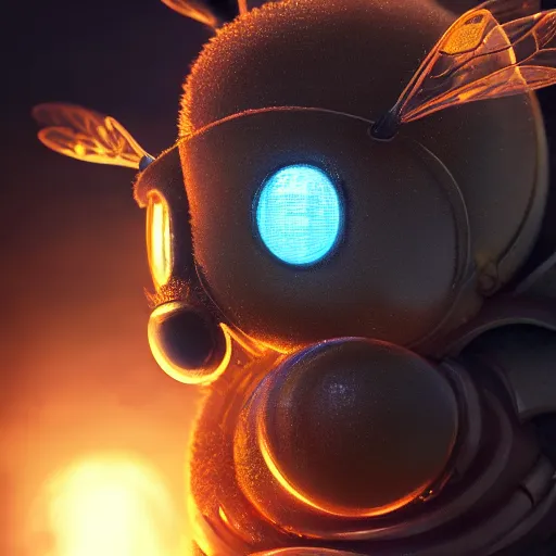 Image similar to Close up shot of Adorable Bee, ultra high detail, huggy wuggy from poppy playtime video game, ultra high detailed, glowing lights, oil painting, Greg Rutkowski, Charlie Bowater, Beeple, unreal 5, DAZ, hyperrealistic, octane render, RPG portrait, dynamic lighting, fantasy art, beautiful face