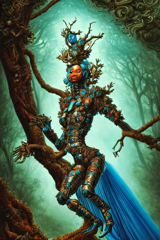 Image similar to hyperrealistic post - rococo super expressive! black woman with exoskeleton armor, merging with tree in a forest, highly detailed digital art masterpiece smooth cam de leon hannah yata dramatic pearlescent blue teal light ground angle hd 8 k sharp focus