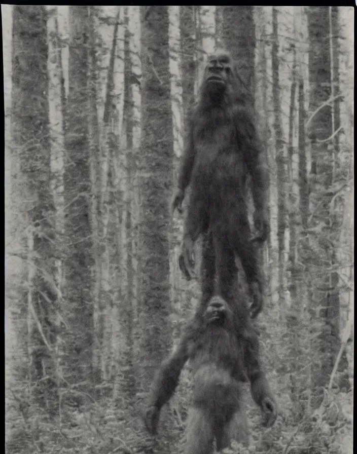 Prompt: polaroid photograph alleged proof of bigfoot