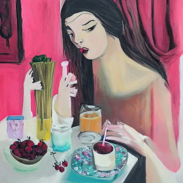 Image similar to “ sensual, a portrait in a female art student ’ s apartment, pancakes, woman drinking an iced latte from a painting, berries, art supplies, a candle dripping white wax, berry juice drips, neo - expressionism, surrealism, acrylic and spray paint and oilstick on canvas ”